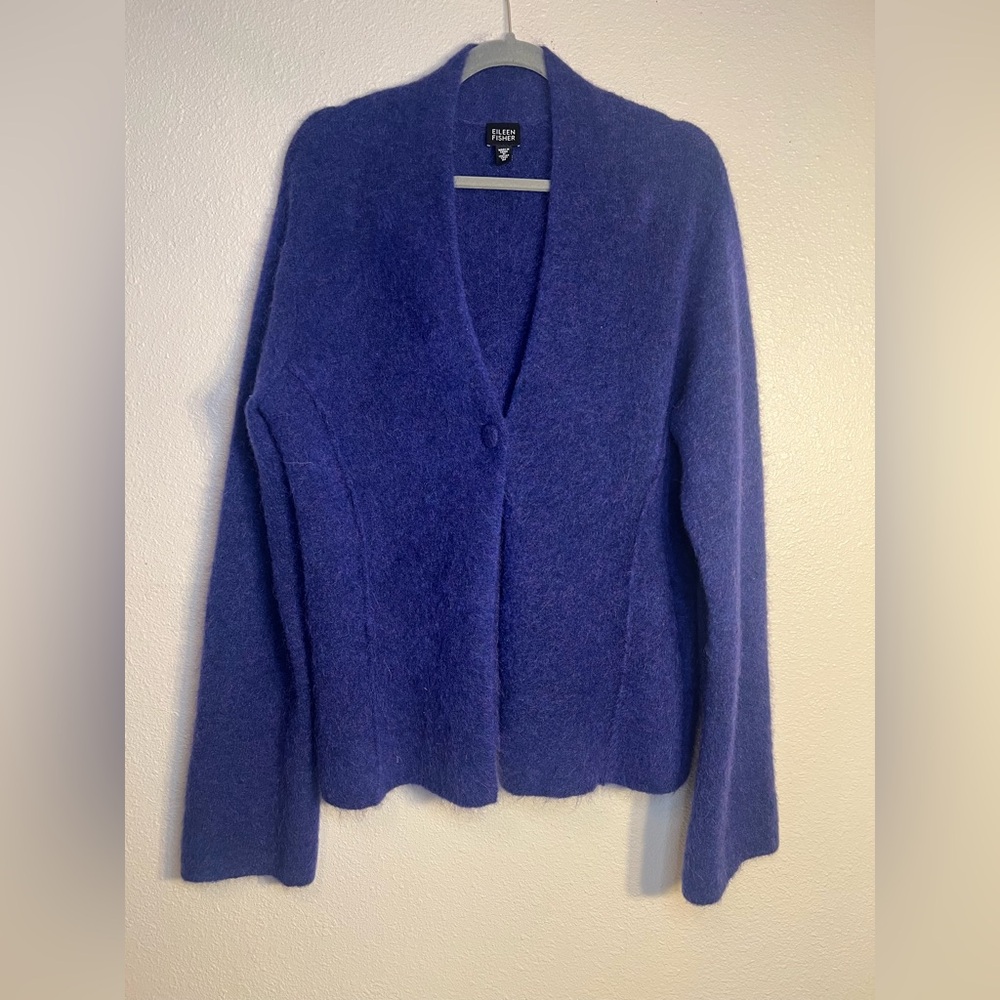 Eileen Fisher Purple Indigo Mohair Wool Blend One Button Shawl Collar Cardigan M